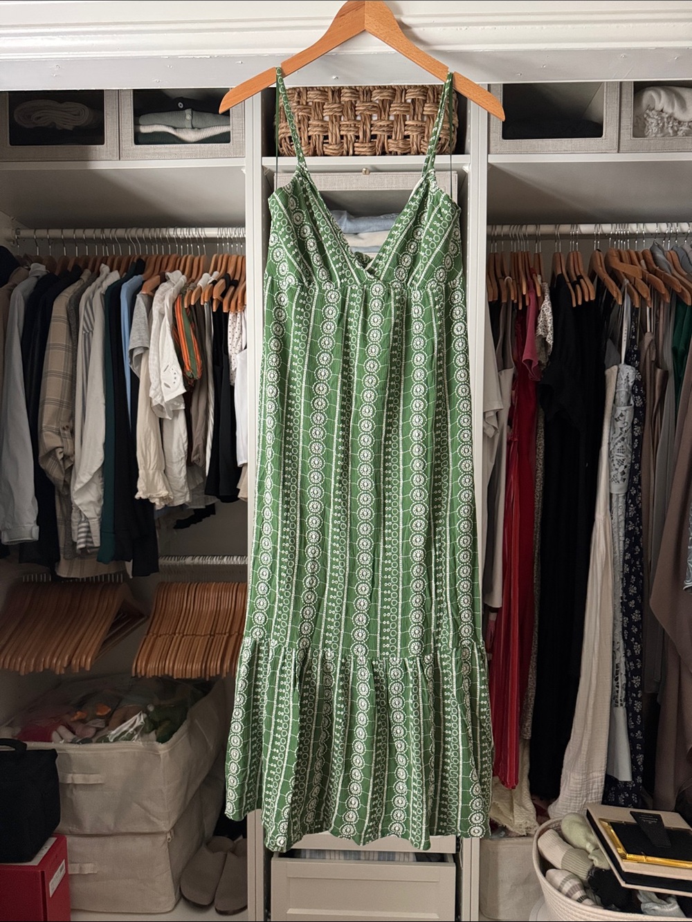 Zara Green Embroidered V-Neck Midi Dress with Spaghetti Straps
